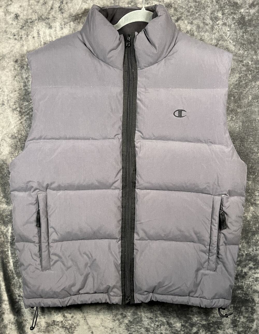 Champion Puffer Vest Mens Large Gray Down Feather Zip Up Jacket Y2K 90s RN 58217